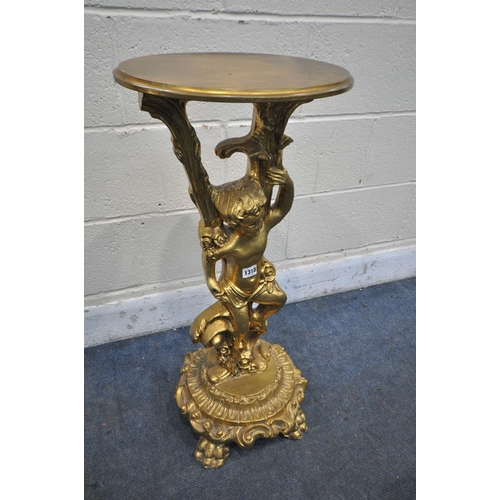 1318 - A GILT WOOD CHERUB SIDE TABLE, height 79cm (condition report: -some surface wear)