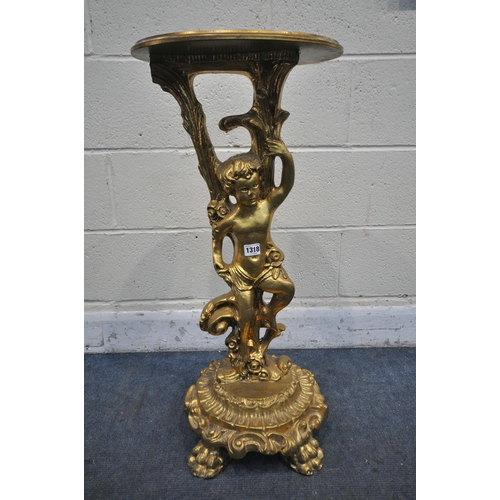 1318 - A GILT WOOD CHERUB SIDE TABLE, height 79cm (condition report: -some surface wear)