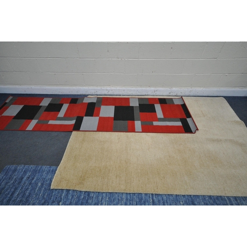 1319 - A LARGE MODERN NOURISON BLUE RUG, 320cm x 244cm, a modern cream rug, and a floral carpet runner (con... 