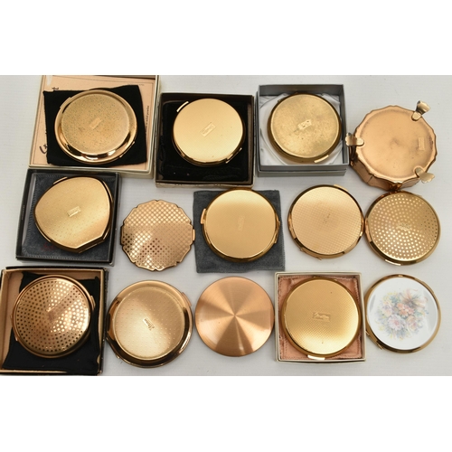 109 - A BOX OF COMPACTS AND A BOX, to include eleven 'Stratton' compacts, some with boxes and or pouches, ... 