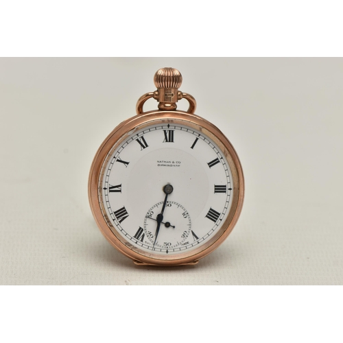 11 - A 9CT GOLD, OPEN FACE POCKET WATCH, manual wind, round white dial signed 'Nathan & Co Birmingham', R... 