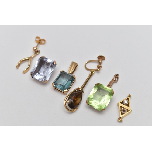 2 - THREE GEM SET PENDANTS, TWO EARRINGS AND A LINK, to include a rectangular topaz pendant, four claw s... 