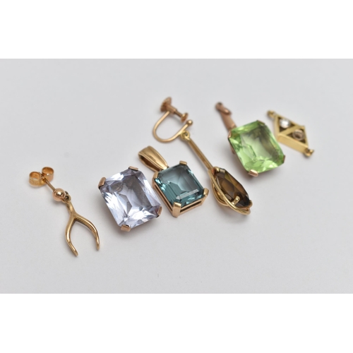 2 - THREE GEM SET PENDANTS, TWO EARRINGS AND A LINK, to include a rectangular topaz pendant, four claw s... 