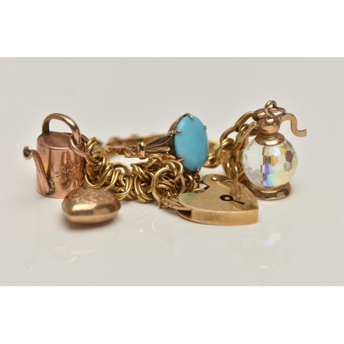 20 - A 9CT GOLD CHARM BRACELET AND A TURQUIOSE RING, double link bracelet, fitted with three charms to in... 