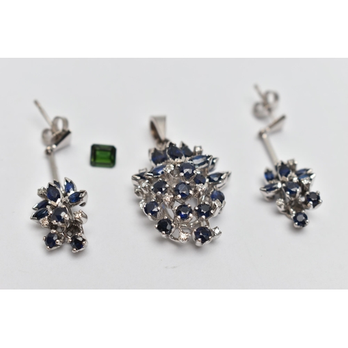 28 - A PAIR OF WHITE METAL CLUSTER DROP EARRINGS AND MATCHING PENDANT WITH A LOOSE CUT STONE, each cluste... 