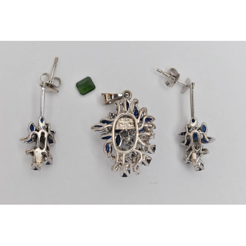 28 - A PAIR OF WHITE METAL CLUSTER DROP EARRINGS AND MATCHING PENDANT WITH A LOOSE CUT STONE, each cluste... 