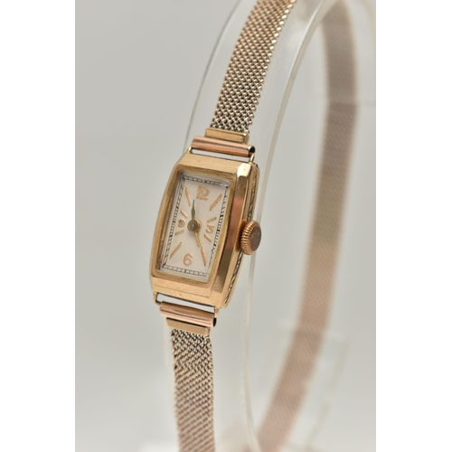 36 - A LADYS 9CT GOLD, EARLY 20TH CENTURY WRISTWATCH, manual wind, rounded rectangular dial, Arabic twelv... 