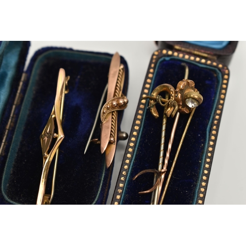 37 - TWO BROOCHES AND STICK PINS, to include a 9ct gold bar brooch, set with a small single cut diamond, ... 