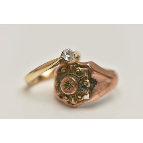 41 - A 9CT GOLD SINGLE STONE DIAMOND RING AND A MODIFIED SIGNET RING, six claw set, round brilliant cut d... 