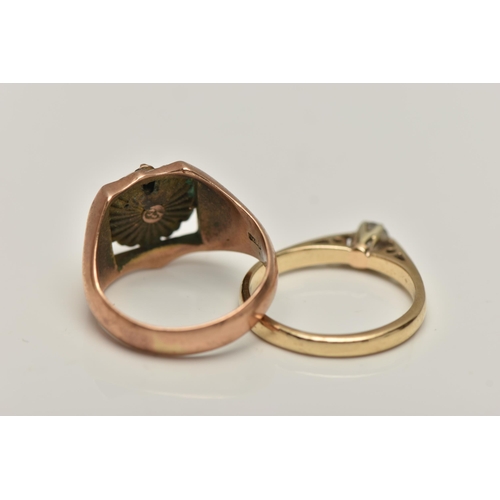 41 - A 9CT GOLD SINGLE STONE DIAMOND RING AND A MODIFIED SIGNET RING, six claw set, round brilliant cut d... 