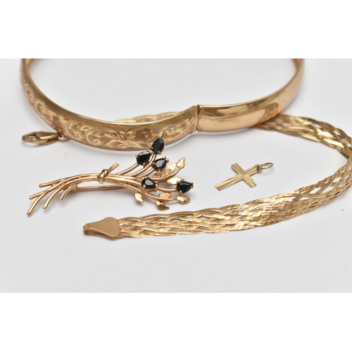 48 - FOUR ITEMS OF JEWELLERY, to include a hinged 9ct gold bangle with engraved scrolling acanthus leaf d... 