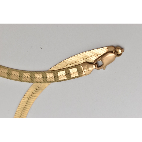 49 - A 9CT GOLD FLATTENED CHAIN NECKLACE, to the spring release clasp, with 9ct import mark, length 400mm... 