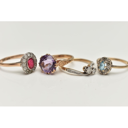 50 - FOUR GEM SET RINGS, one designed as a circular amethyst in an eight double cLaw setting to the taper... 