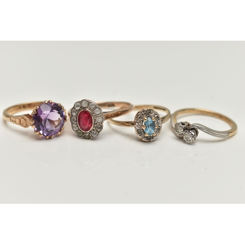 50 - FOUR GEM SET RINGS, one designed as a circular amethyst in an eight double cLaw setting to the taper... 