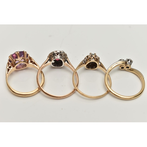 50 - FOUR GEM SET RINGS, one designed as a circular amethyst in an eight double cLaw setting to the taper... 