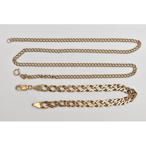 52 - TWO 9CT GOLD CHAINS, the first a yellow gold double curb link chain necklace, fitted with a spring c... 