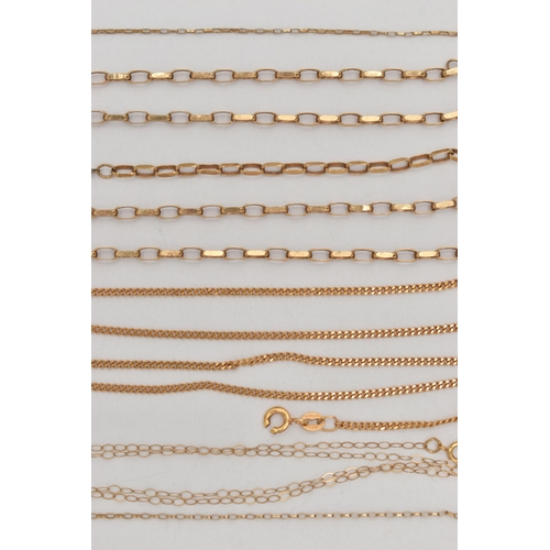 58 - TWO 9CT GOLD CHAIN NECKLACES AND TWO YELLOW METAL CHAIN NECKLACES, a yellow gold curb link chain, ap... 