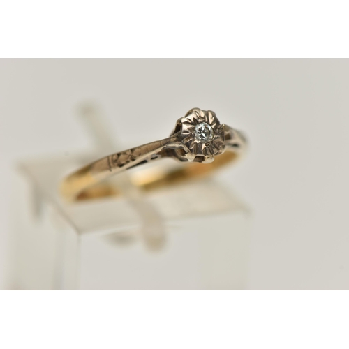 61 - AN 18CT GOLD DIAMOND RING, a single round brilliant cut diamond, prong set in an illusion setting, l... 