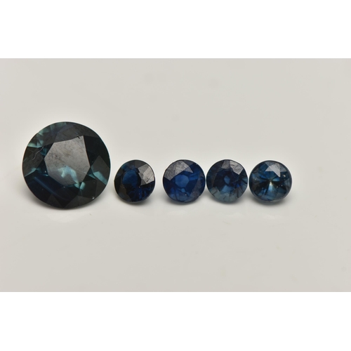 63 - A SMALL ASSORTMENT OF LOOSE SAPPHIRES, the first a circular cut blue green sapphire, approximate wid... 