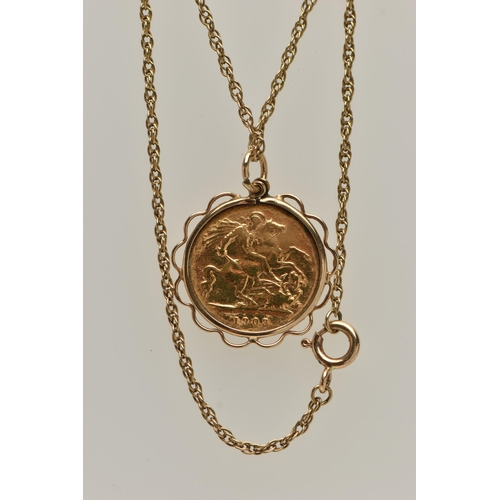 64 - A HALF SOVEREIGN COIN PENDANT NECKLACE, Edward VII half sovereign, dated 1903, in a collet mount wit... 