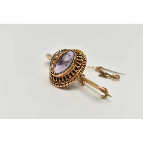 73 - A VICTORIAN BROOCH, principal cabochon amethyst, decorated with a centrally positioned band of yello... 