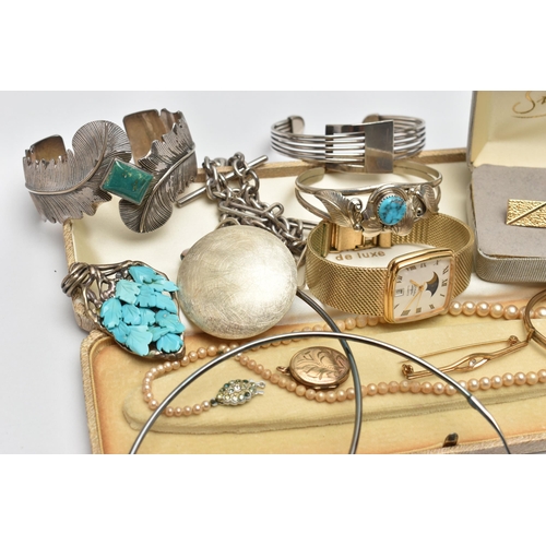 78 - A SELECTION OF WHITE METAL AND COSTUME JEWELLERY, to include a D Lerma Navajo gem set torque bangle ... 