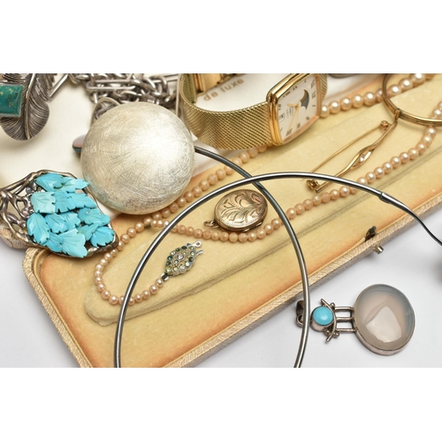 78 - A SELECTION OF WHITE METAL AND COSTUME JEWELLERY, to include a D Lerma Navajo gem set torque bangle ... 