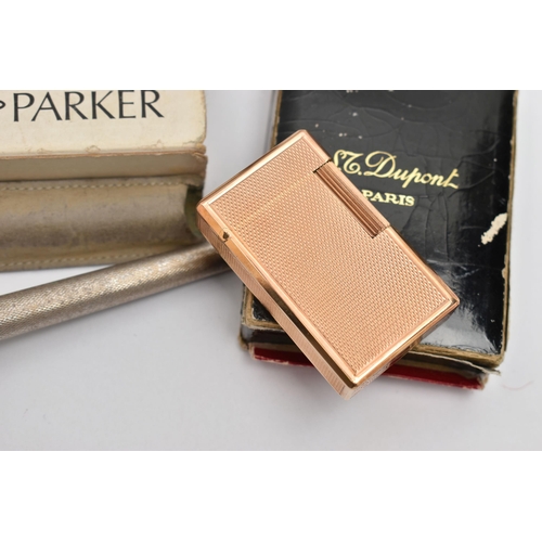 89 - A BOXED S.T. DUPONT GOLD PLATED CIGARETTE LIGHTER, CASED PARKER 45 CIRCLET FOUNTAIN PEN AND BALLPEN ... 