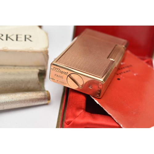 89 - A BOXED S.T. DUPONT GOLD PLATED CIGARETTE LIGHTER, CASED PARKER 45 CIRCLET FOUNTAIN PEN AND BALLPEN ... 