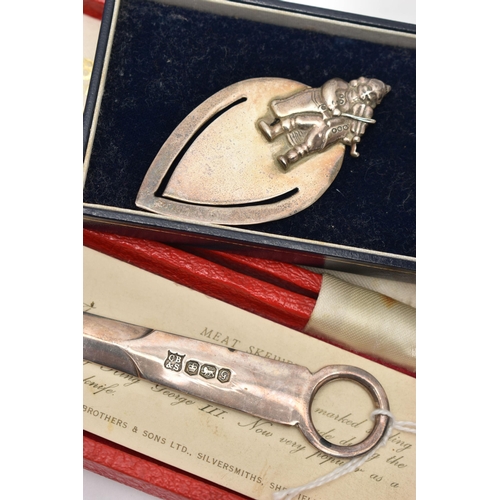 90 - AN ELIZABETH II SILVER MEAT SKEWER PAPER KNIFE, TWO MODERN SILVER BOOKMARKS AND A GEORGE V SILVER VE... 