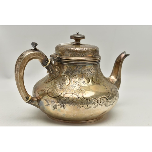 92 - A VICTORIAN IRISH SILVER TEAPOT OF SQUAT PEAR SHAPE, domed cover with knop finial, foliate scroll en... 