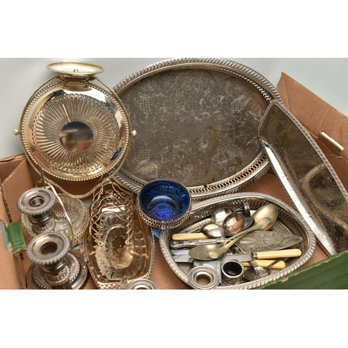 124 - A BOX OF ASSORTED WHITE METAL WARE, to include a pair of silver plated 'Viner' candle sticks, a pair... 