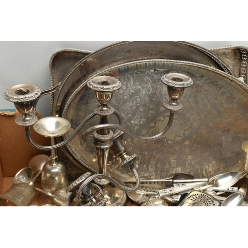 126 - A BOX OF ASSORTED WHITE METAL WARE, to include two silver plate, three branch candle stick holders, ... 