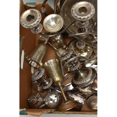 126 - A BOX OF ASSORTED WHITE METAL WARE, to include two silver plate, three branch candle stick holders, ... 