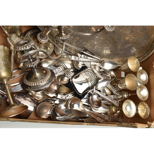 126 - A BOX OF ASSORTED WHITE METAL WARE, to include two silver plate, three branch candle stick holders, ... 