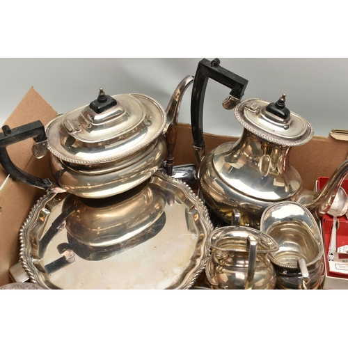 127 - A BOX OF ASSORTED WHITE METAL WARE, to include a four piece EPNS tea set comprising of a teapot, cof... 