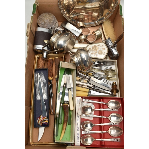 127 - A BOX OF ASSORTED WHITE METAL WARE, to include a four piece EPNS tea set comprising of a teapot, cof... 