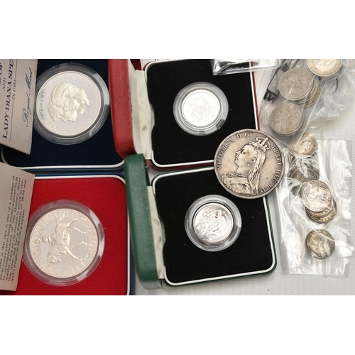 128 - A BOX OF MIXED COINS, to include a small bag of George V Three Pence coins, a small bag of Six Pence... 