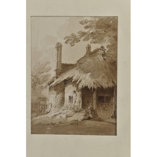 304 - CIRCLE OF LADY MARIANNE MORDAUNT / MARY ANN HOLBEACH (1788-1842) FIGURES OUTSIDE A THATCHED COTTAGE,... 