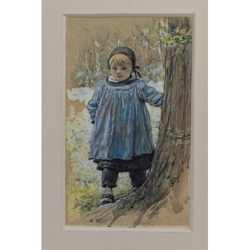 308 - GEORGE HENRY BOUGHTON (1833-1905) CHILD WEARING A BLUE SMOCK, a portrait of a young boy standing bes... 