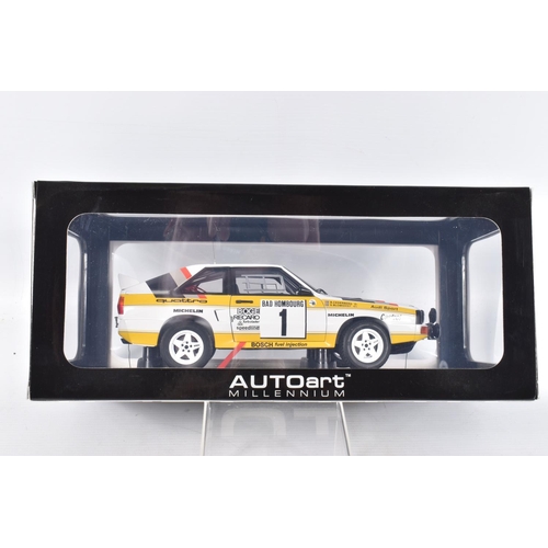 37 - A BOXED AUTOART AUDI SPORT QUATTRO RALLY MONTE CARO 1985 SCALE 1:18 MODEL VEHICLE, numbered 88501, p... 