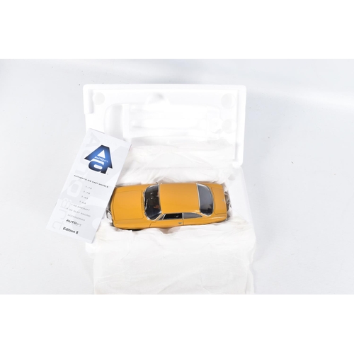 44 - A BOXED AUTOART ALFA ROMEO 1750 GTV SCALE 1:18 MODEL VEHICLE, numbered 70108, painted mustard yellow... 