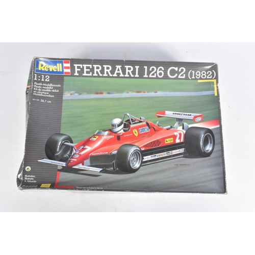 78 - TWO BOXED REVELL UNBUILT MODEL RACE CARS, the first is a 1:12 scale Ferrari 126 C2 (1982) model numb... 