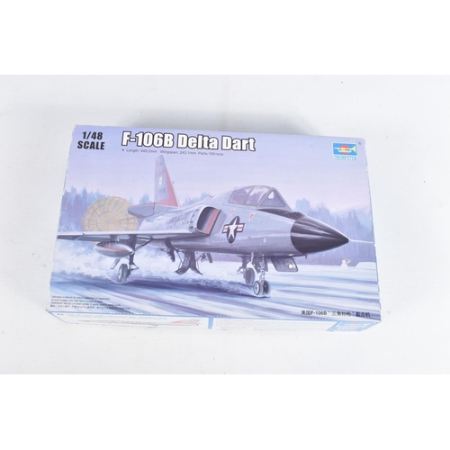 81 - THREE TRUMPETER UNBUILT MODEL MILITARY AIRCRAFTS, the first is a 1:48 scale  F106B Delta Dart number... 