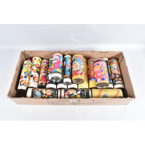 91 - A COLLECTION OF CARDBOARD TUBE BALLOON PUMPS, assorted colourful designs from c.1950's - 1970's, som... 