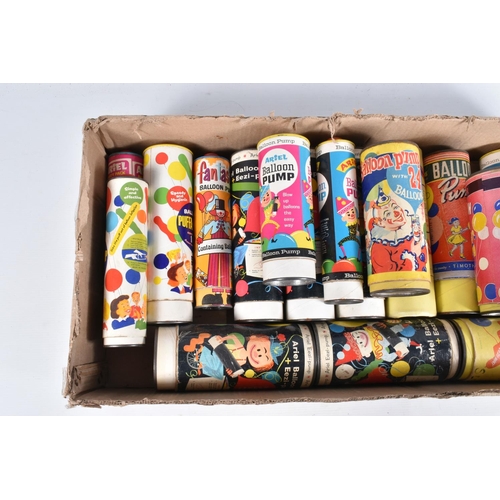 91 - A COLLECTION OF CARDBOARD TUBE BALLOON PUMPS, assorted colourful designs from c.1950's - 1970's, som... 