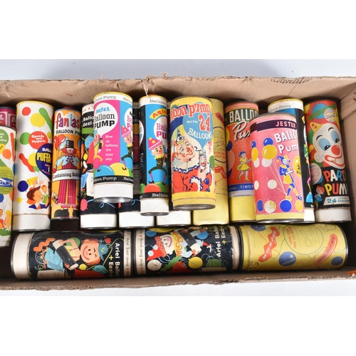 91 - A COLLECTION OF CARDBOARD TUBE BALLOON PUMPS, assorted colourful designs from c.1950's - 1970's, som... 