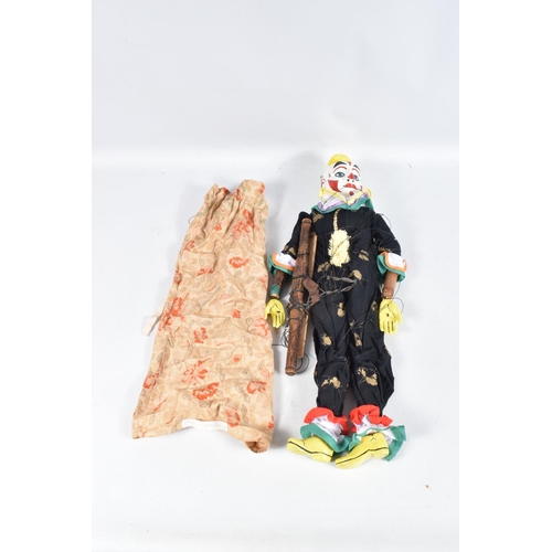 93 - A LARGE CLOWN PUPPET, carved and painted wooden head, wooden body, has some minor wear and appears t... 