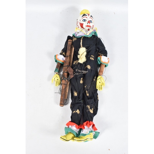 93 - A LARGE CLOWN PUPPET, carved and painted wooden head, wooden body, has some minor wear and appears t... 