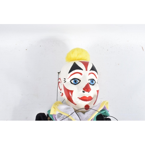 93 - A LARGE CLOWN PUPPET, carved and painted wooden head, wooden body, has some minor wear and appears t... 